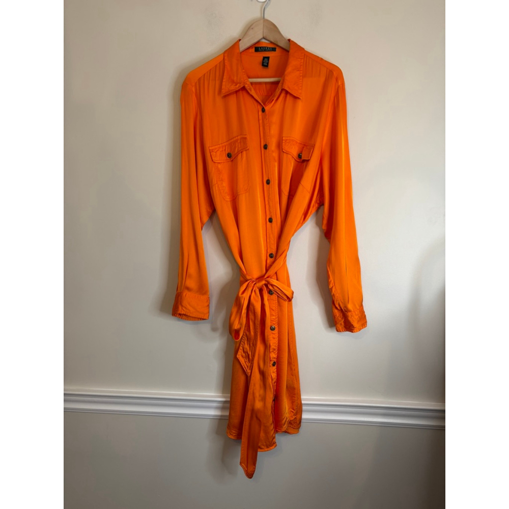 Ralph Lauren Orange Satin Shirt Dress Belted 22W - Picture 2 of 11